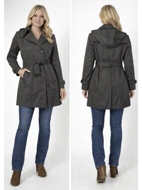 NWT London Fog Women's L Large Black Double Breasted Mid-Length Icon Trench Coat